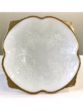 Vintage Anchor Hocking Milk Glass Bowl Embossed Grape Leaf Pattern Gold Trim 10”